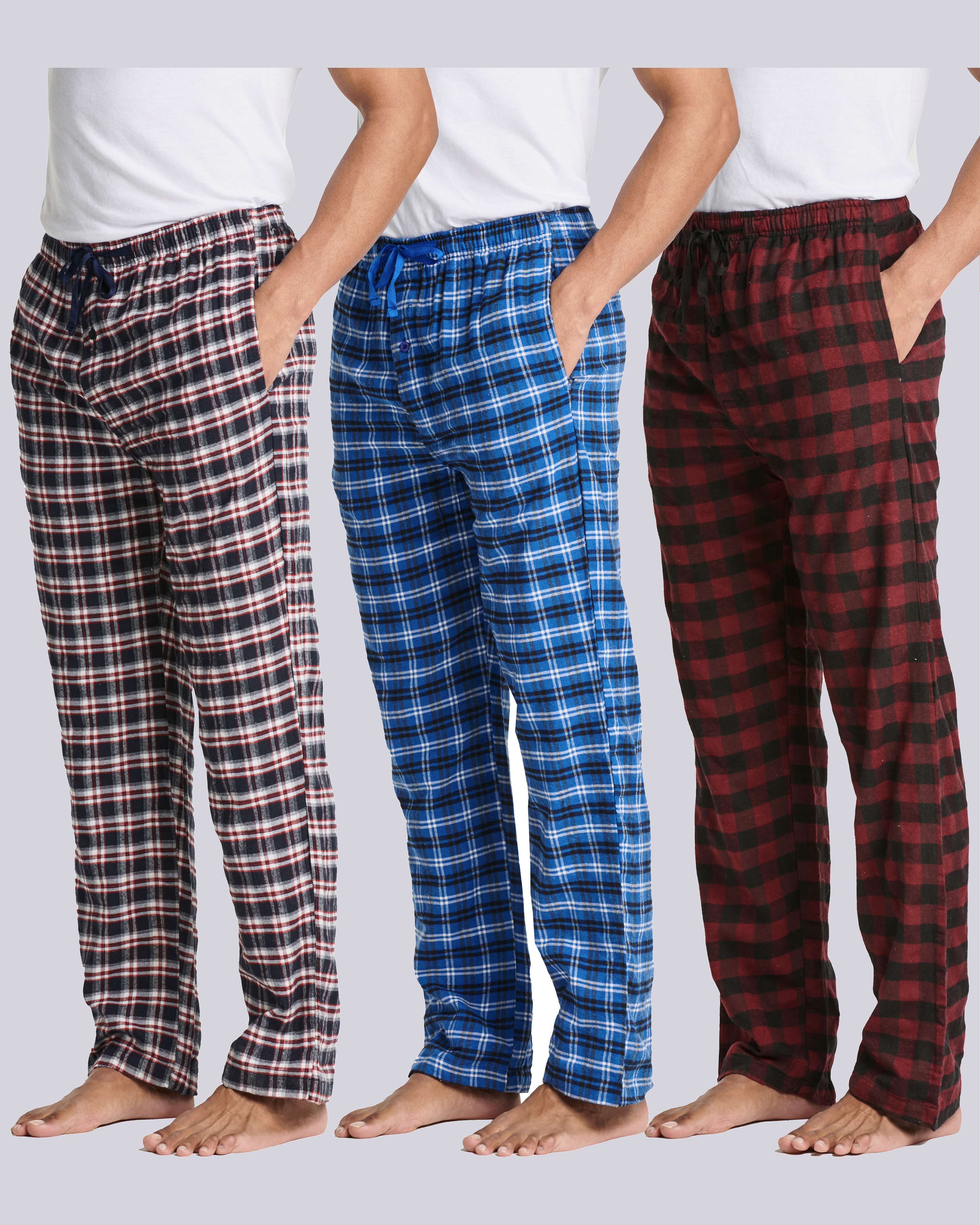 3 Pack: Men's Pajama Pants - Knit Cotton Flannel Plaid Lounge Bottoms- Button Fly (Available In Big & Tall)