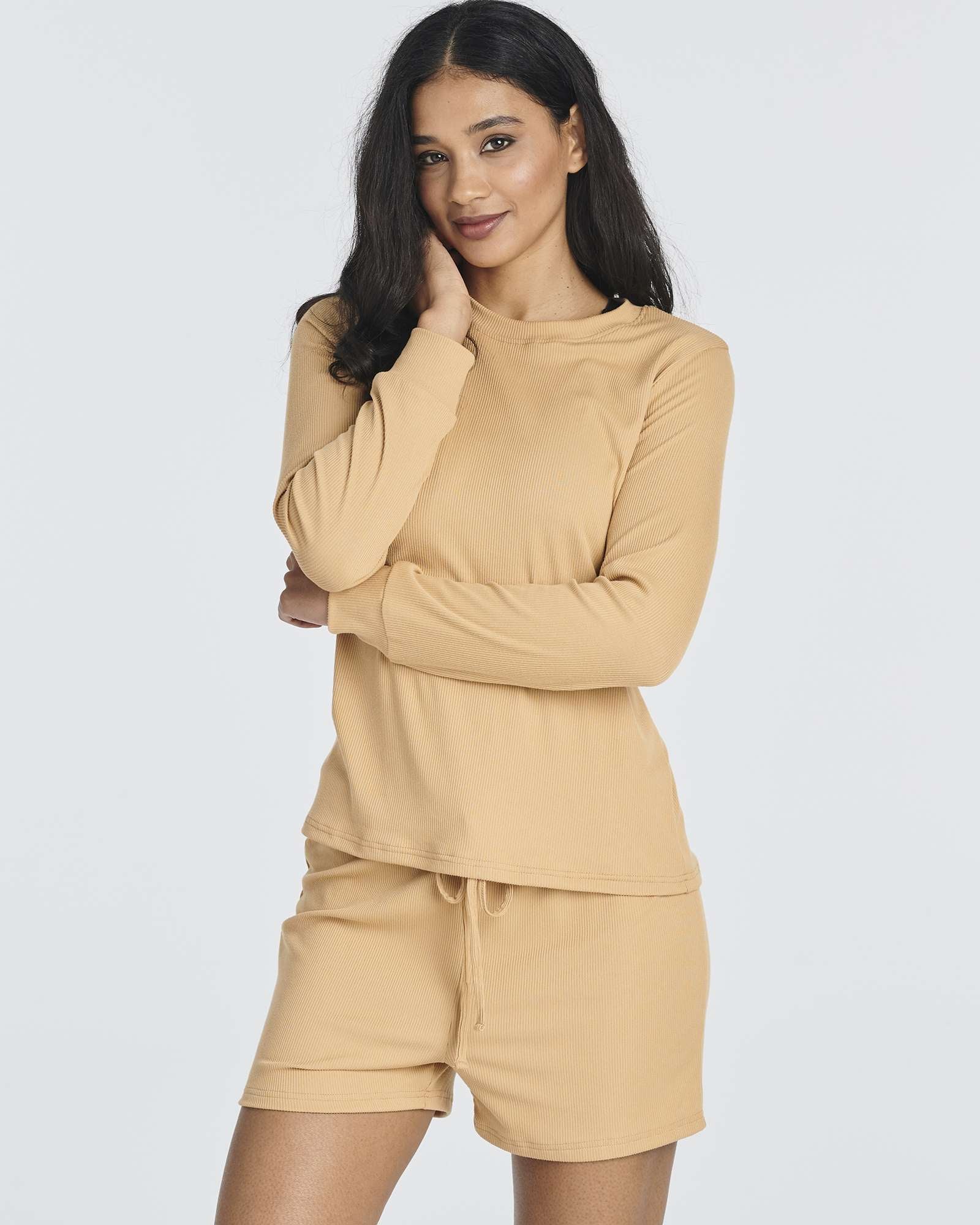 2 Pack: Women's Ribbed Knit Long Sleeve Top and Shorts Pajama Set (Available in Plus Size)