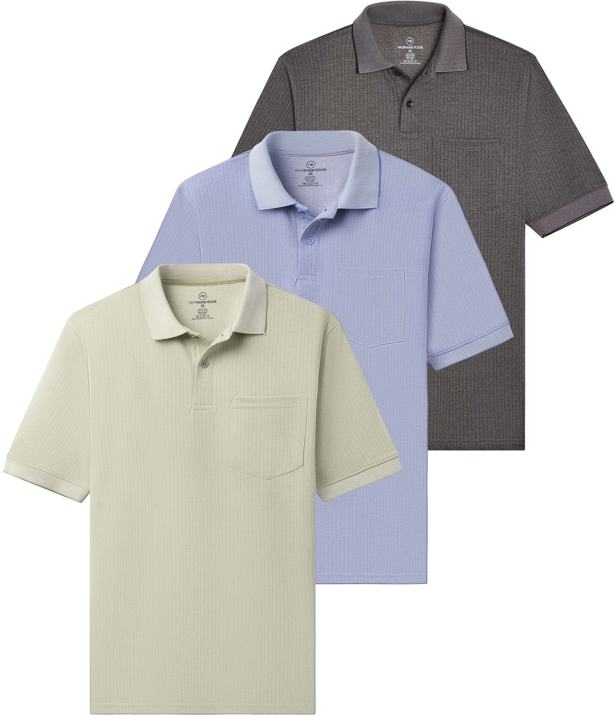 3 Pack: Men's Ribbed CVC SS Polo Shirt With Pocket - Breathable Performance Polo (Available in Big & Tall)
