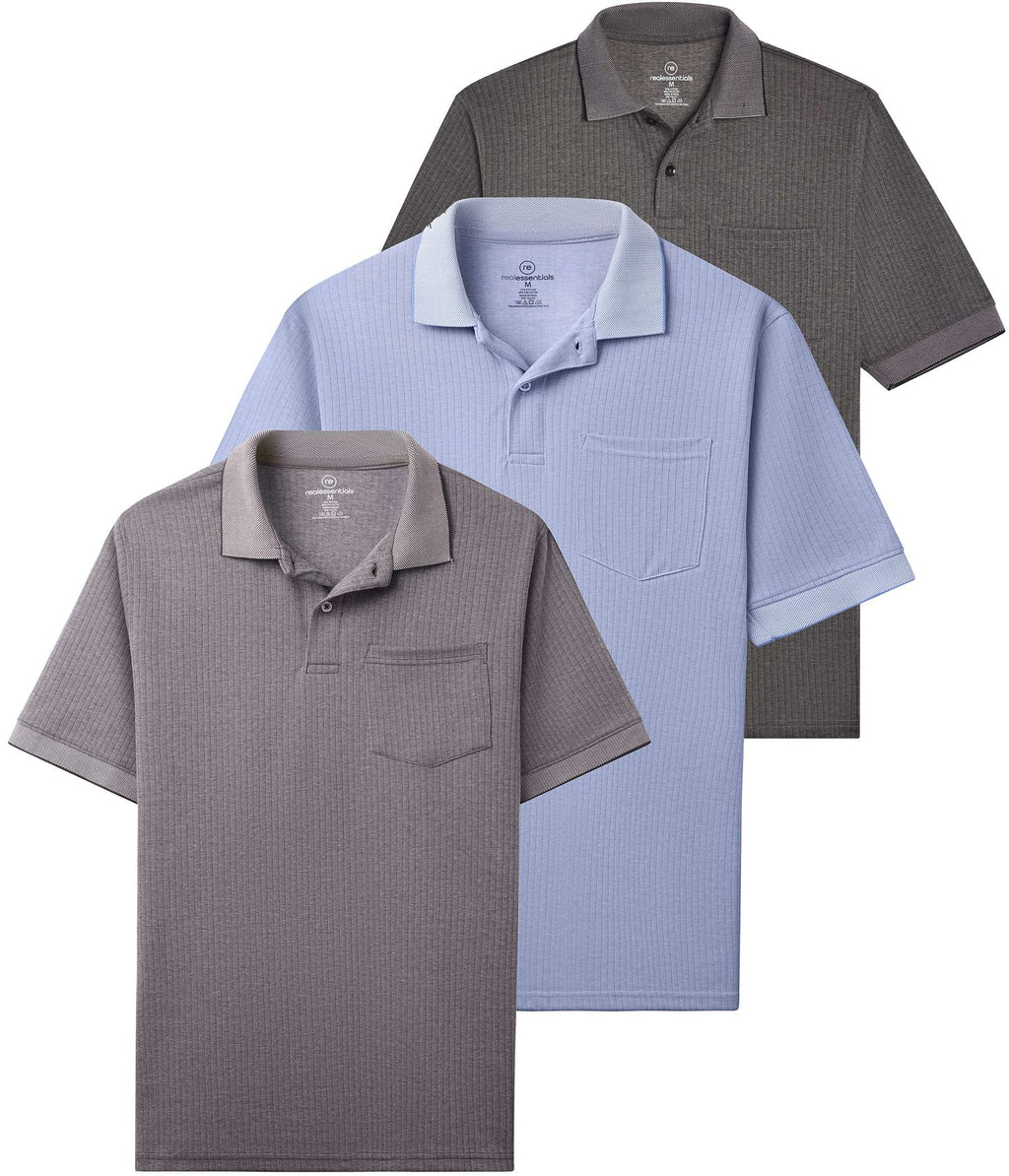 3 Pack: Men's Ribbed CVC SS Polo Shirt With Pocket - Breathable Performance Polo (Available in Big & Tall)