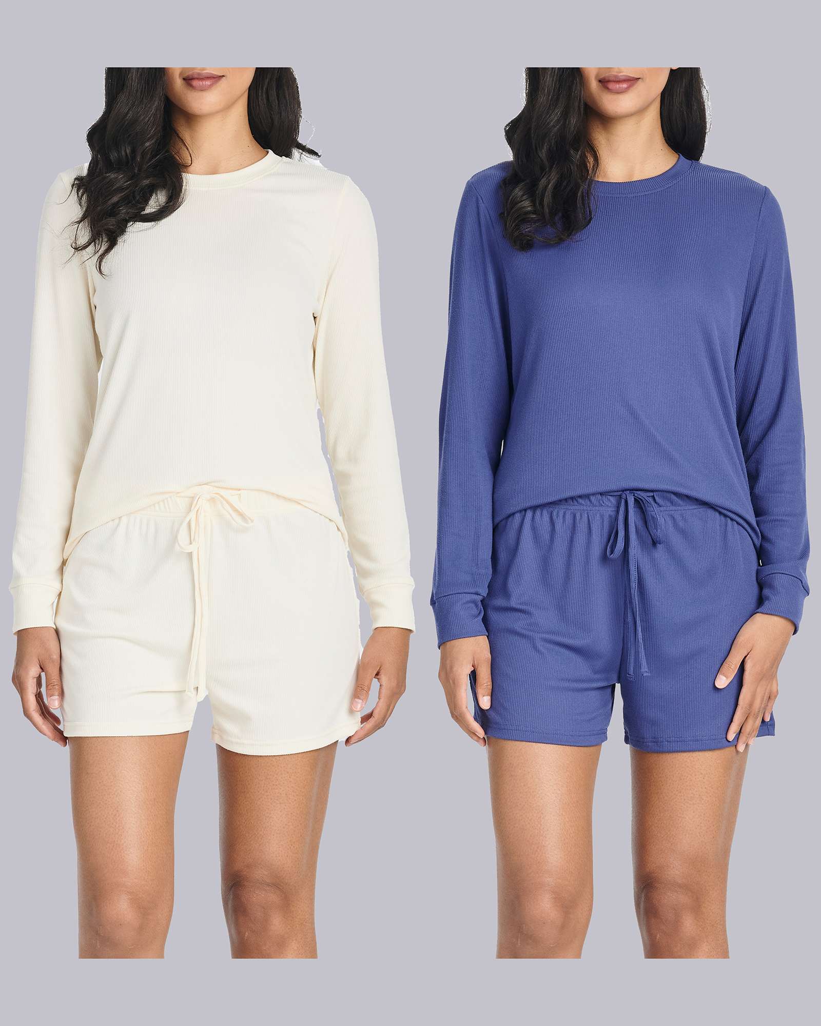 2 Pack: Women's Ribbed Knit Long Sleeve Top and Shorts Pajama Set (Available in Plus Size)