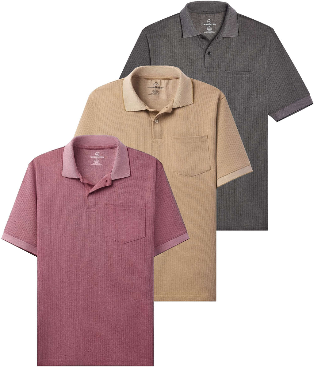 3 Pack: Men's Ribbed CVC SS Polo Shirt With Pocket - Breathable Performance Polo (Available in Big & Tall)