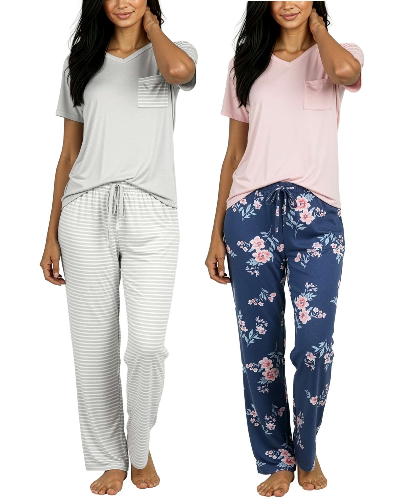 2 Pack: Women’s Pajama Set Super-Soft Short Sleeve V-Neck Top With Pants (Available in Plus Size)