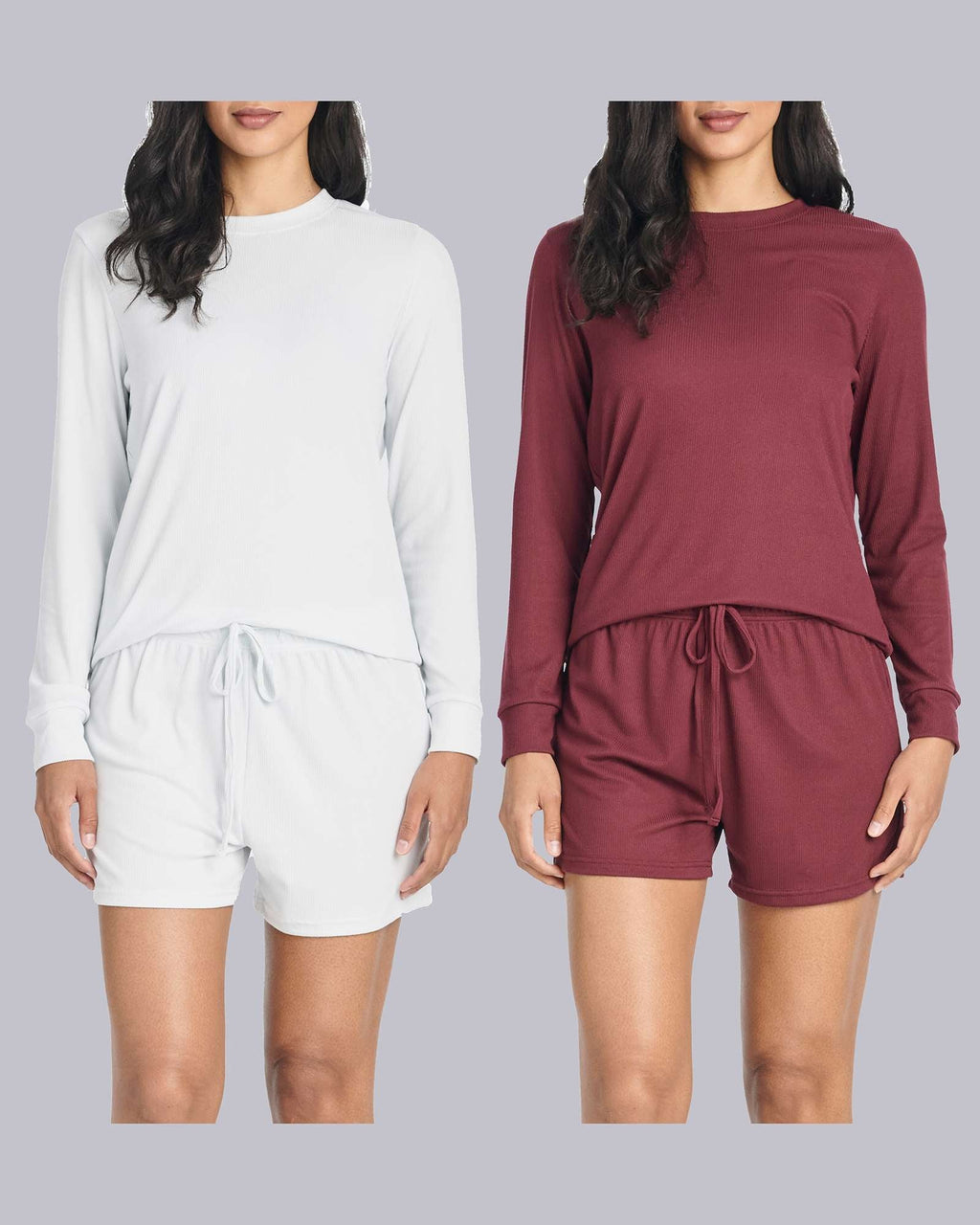 2 Pack: Women's Ribbed Knit Long Sleeve Top and Shorts Pajama Set (Available in Plus Size)