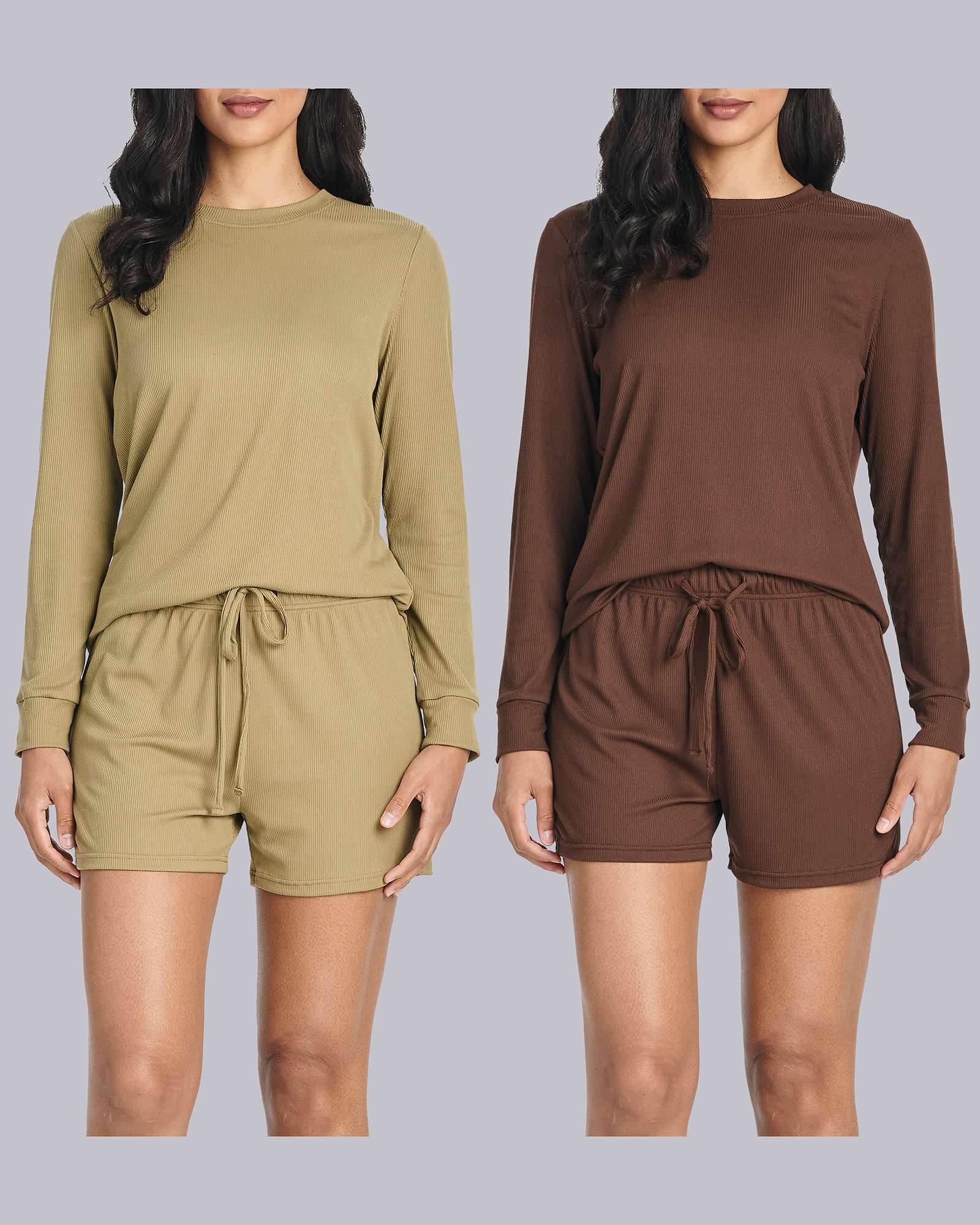 2 Pack: Women's Ribbed Knit Long Sleeve Top and Shorts Pajama Set (Available in Plus Size)