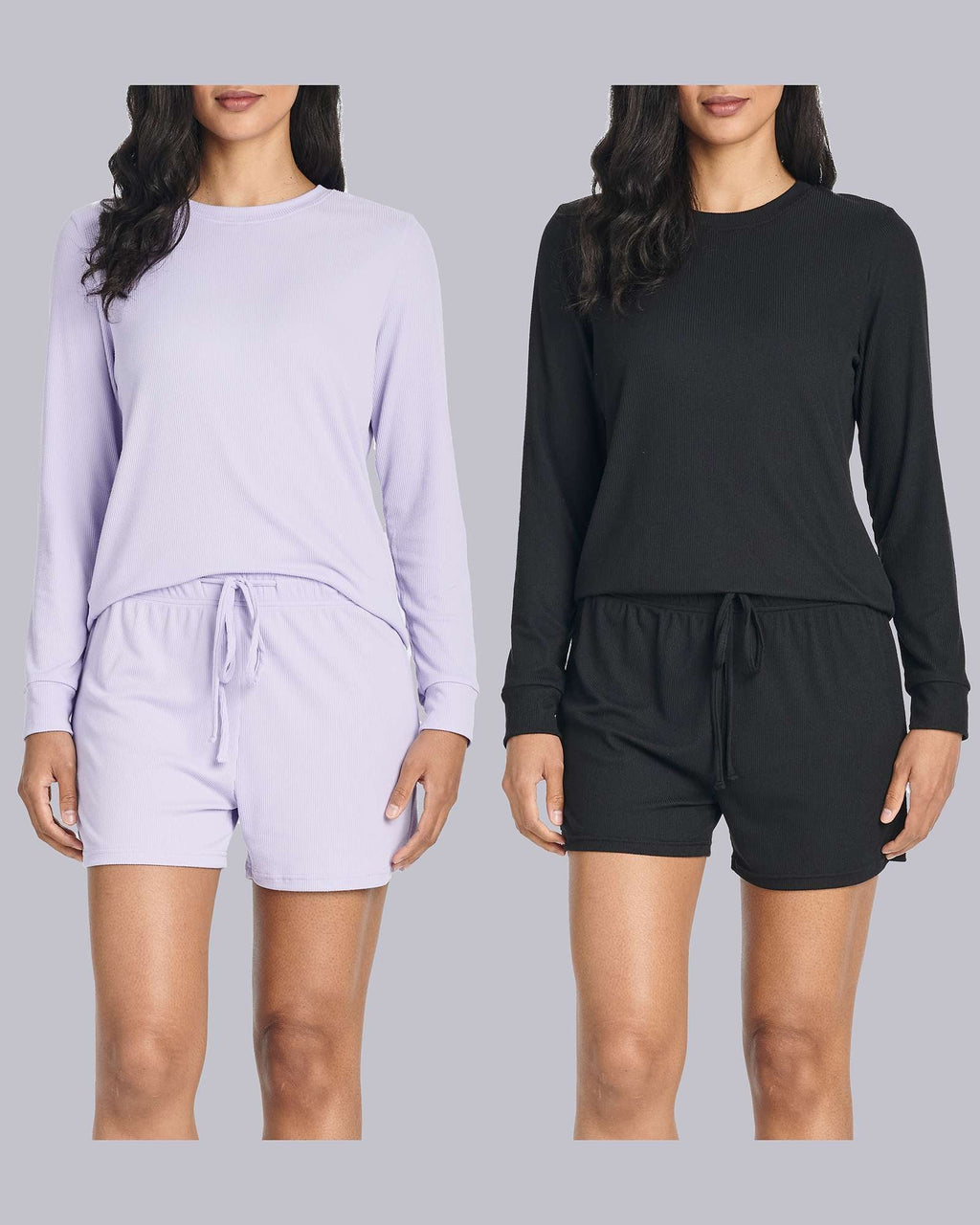 2 Pack: Women's Ribbed Knit Long Sleeve Top and Shorts Pajama Set (Available in Plus Size)