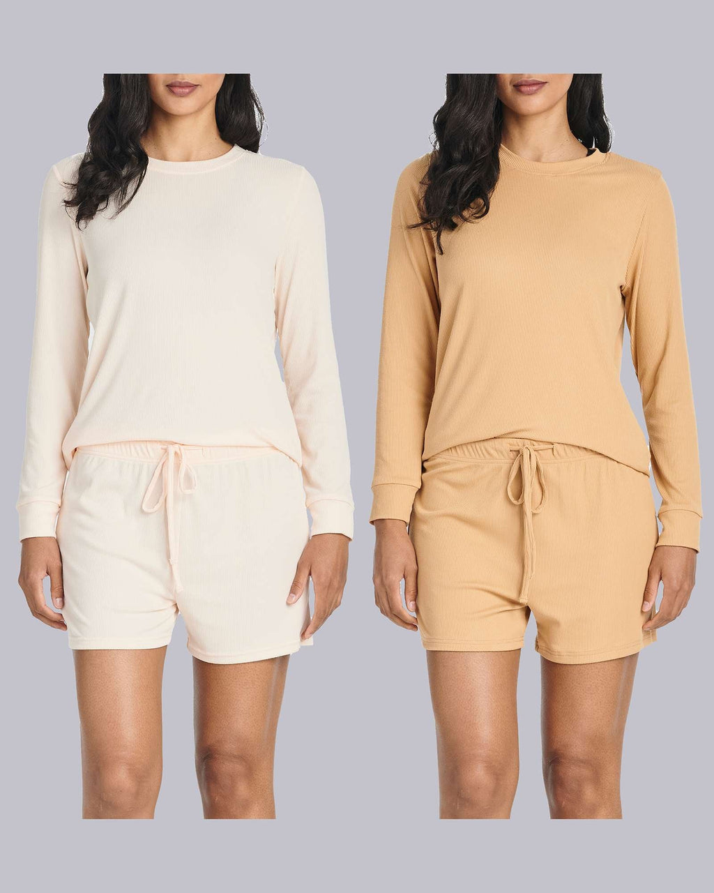 2 Pack: Women's Ribbed Knit Long Sleeve Top and Shorts Pajama Set (Available in Plus Size)