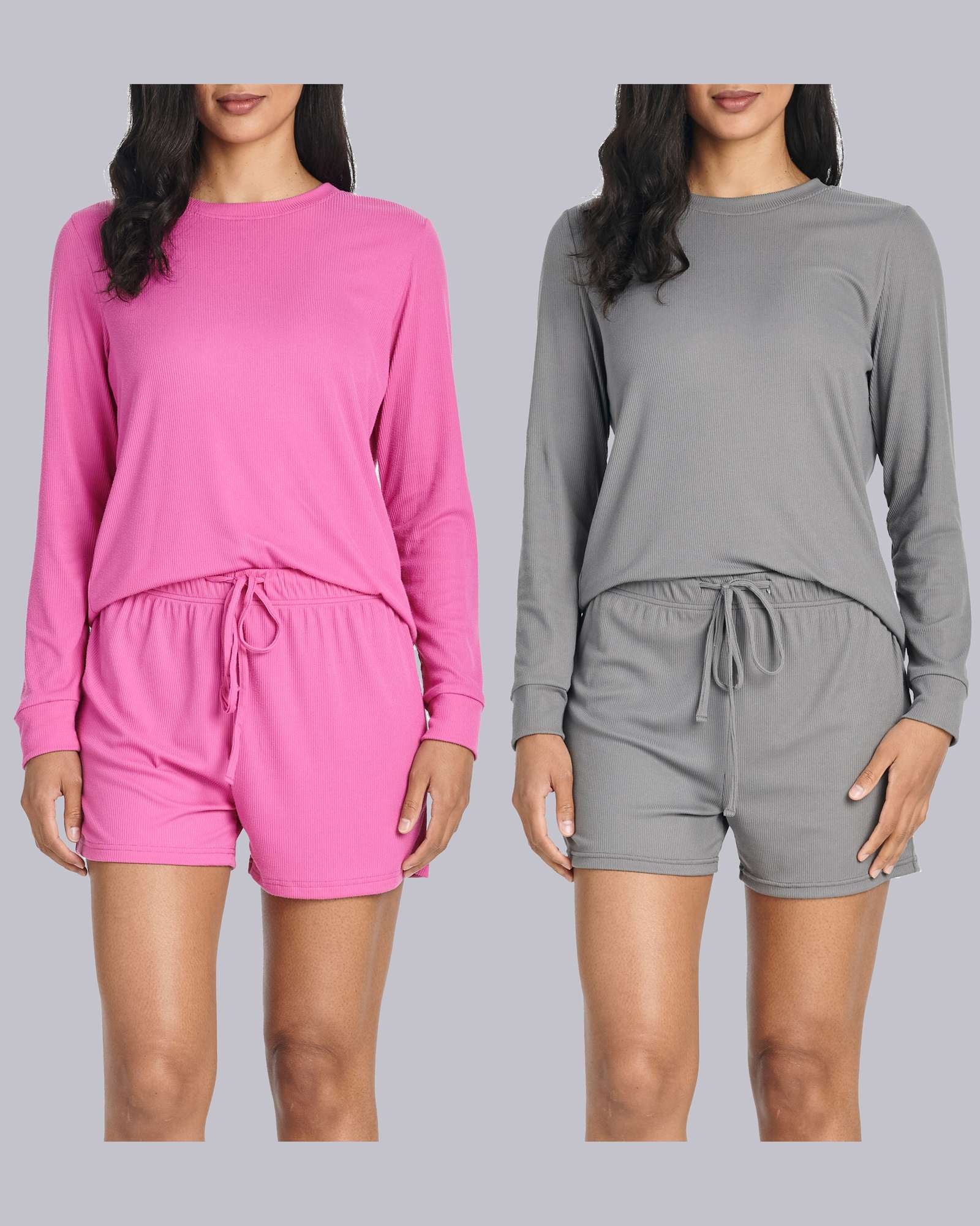 2 Pack: Women's Ribbed Knit Long Sleeve Top and Shorts Pajama Set (Available in Plus Size)