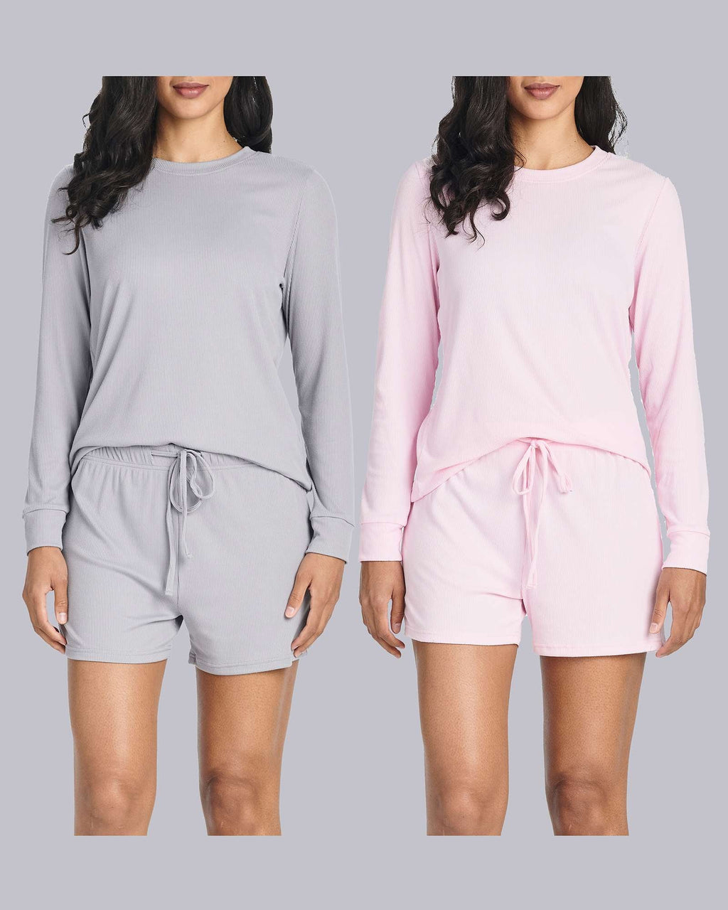 2 Pack: Women's Ribbed Knit Long Sleeve Top and Shorts Pajama Set (Available in Plus Size)