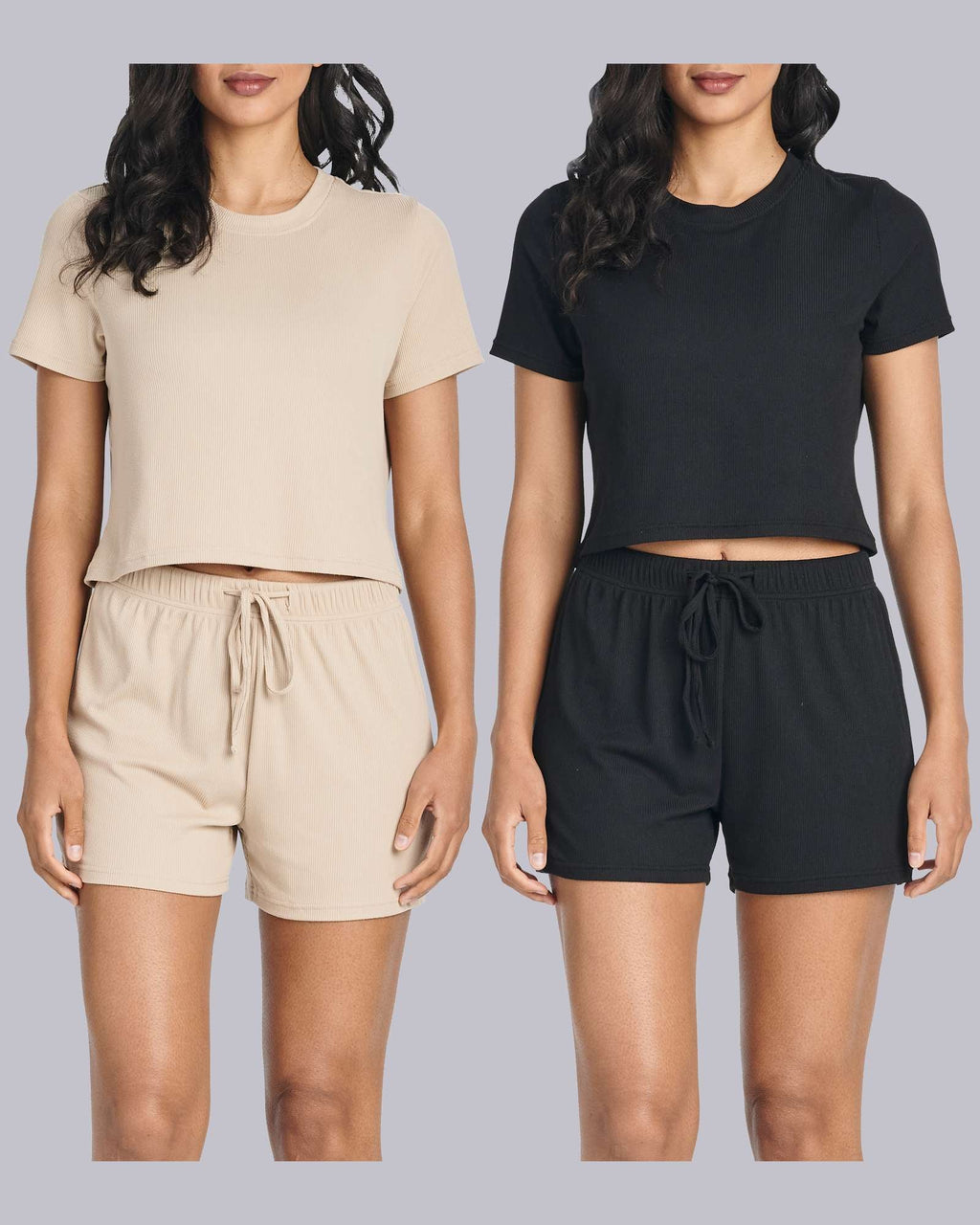 2 Pack: Women's Soft Ribbed Knit Crop Top & Short Set