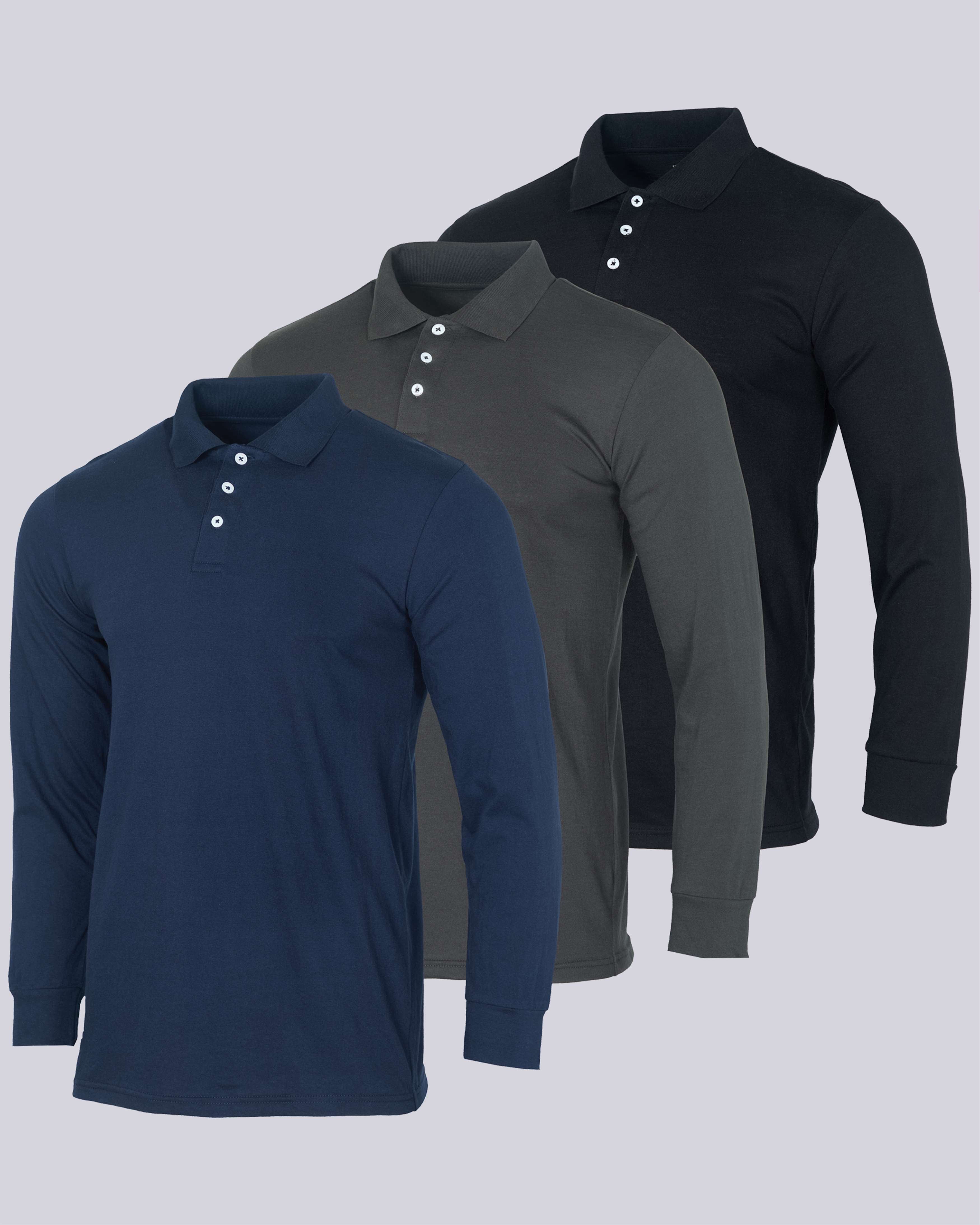 3 Pack: Men's Cotton Jersey Long-Sleeve Polo Shirt (Available in Big & Tall)